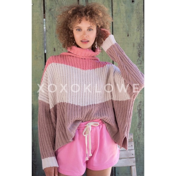 POL PLUS Pink 3 Tone Color Block Sweater Turtleneck Oversize Fit - Picture 3 of 14